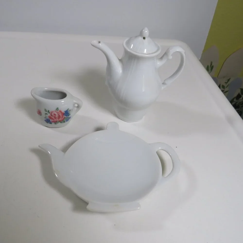 VTG Mini Tea Set Trio: White Porcelain Tea Bag Rest, Tall Ornament & Rose Cream